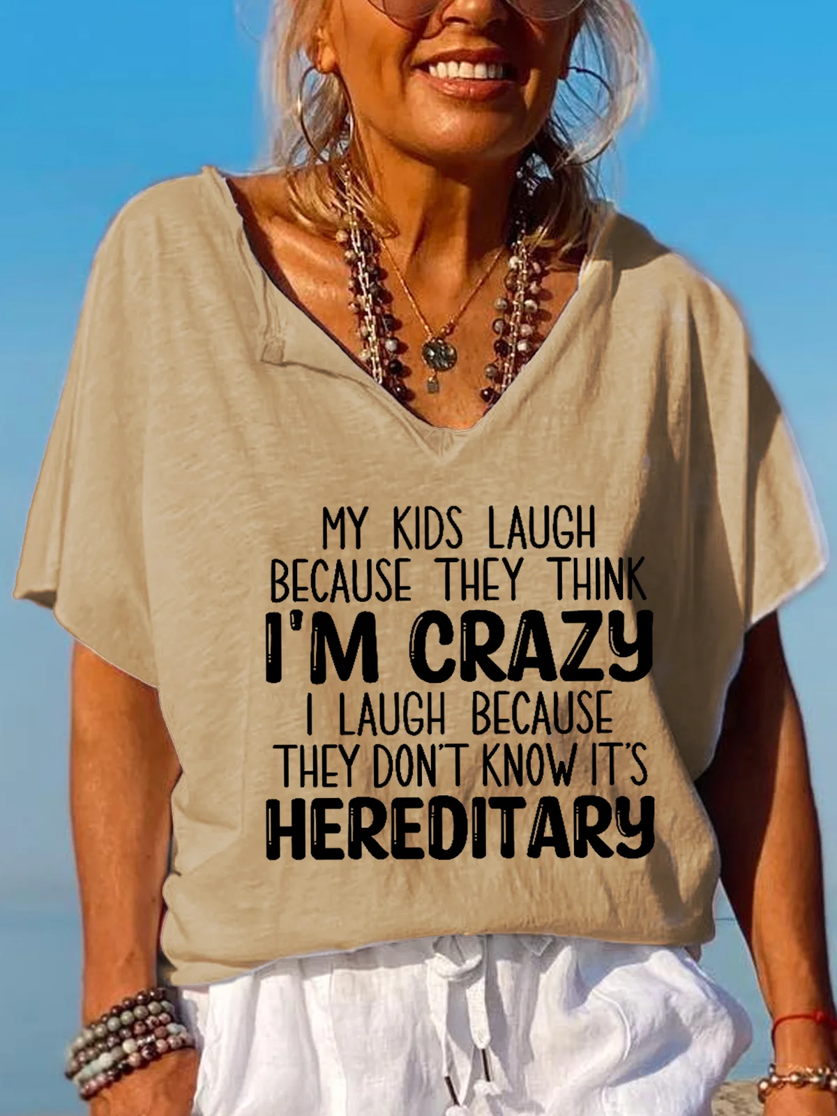 My Kids Laugh Because They Think I'm Crazy I Laugh Because They Don't Know It's Hereditary Vintage V Neck Letter Short Sleeve Top