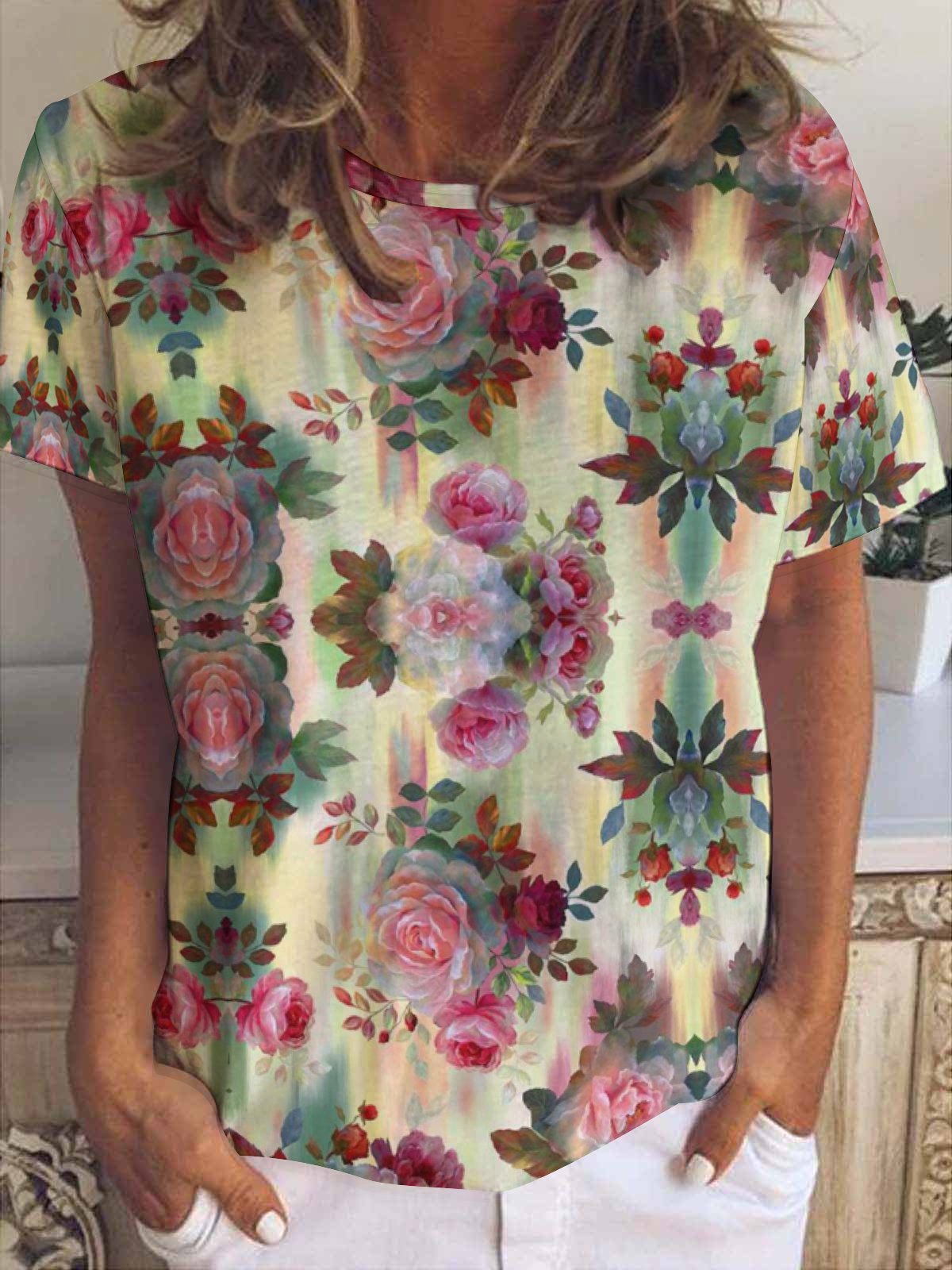 Vintage Floral Print Short Sleeve T-Shirt