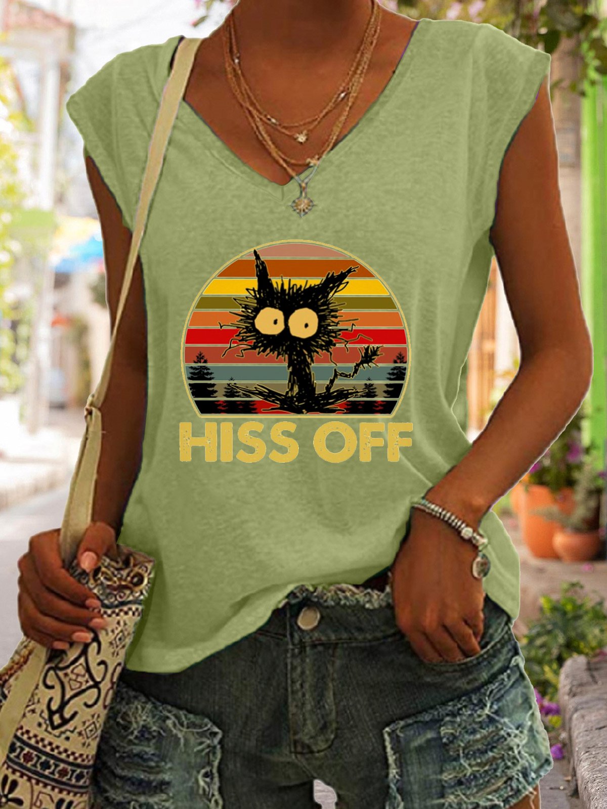 Hiss Off Funny Cat Print V-Neck Tank Top