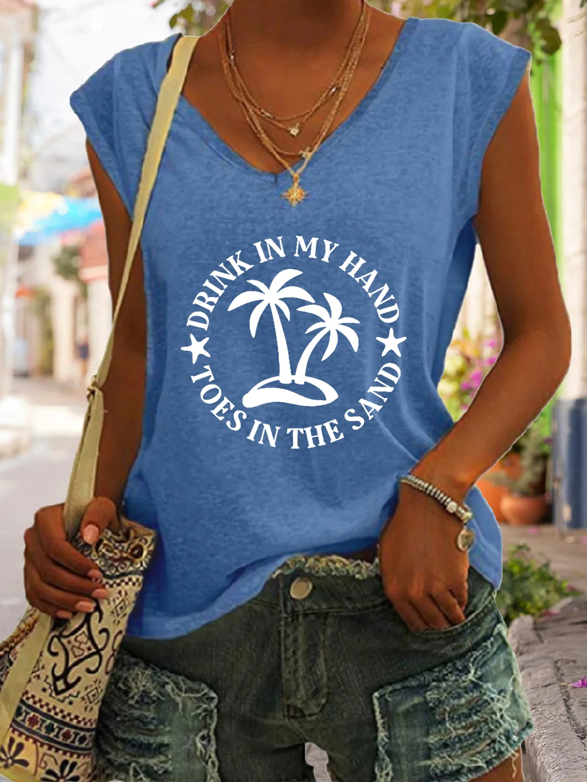 Drink In My Hand Toes In The Sand Basics Letter Regular Fit Knit Tank