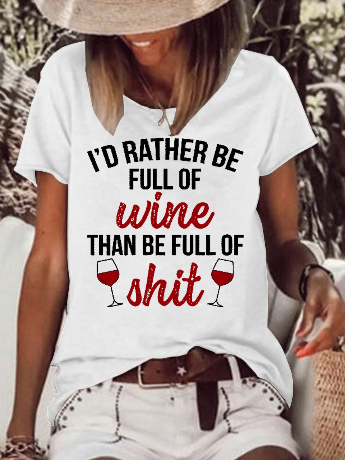 Funny I'd Rather Be Full Of Wine Casual Letter Short Sleeve Tops