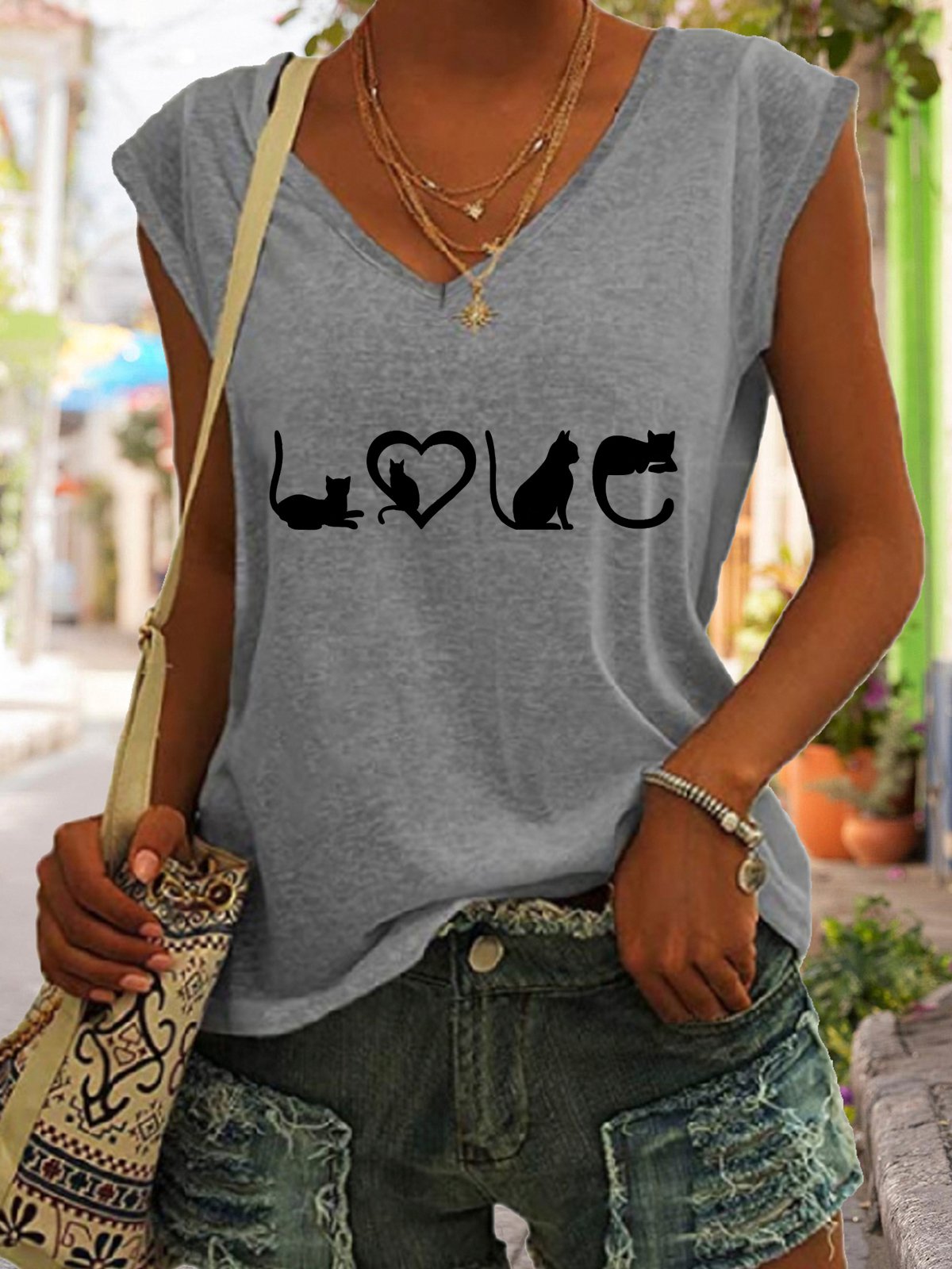 Casual Funny LOVE Cat Print V-Neck Tank Top