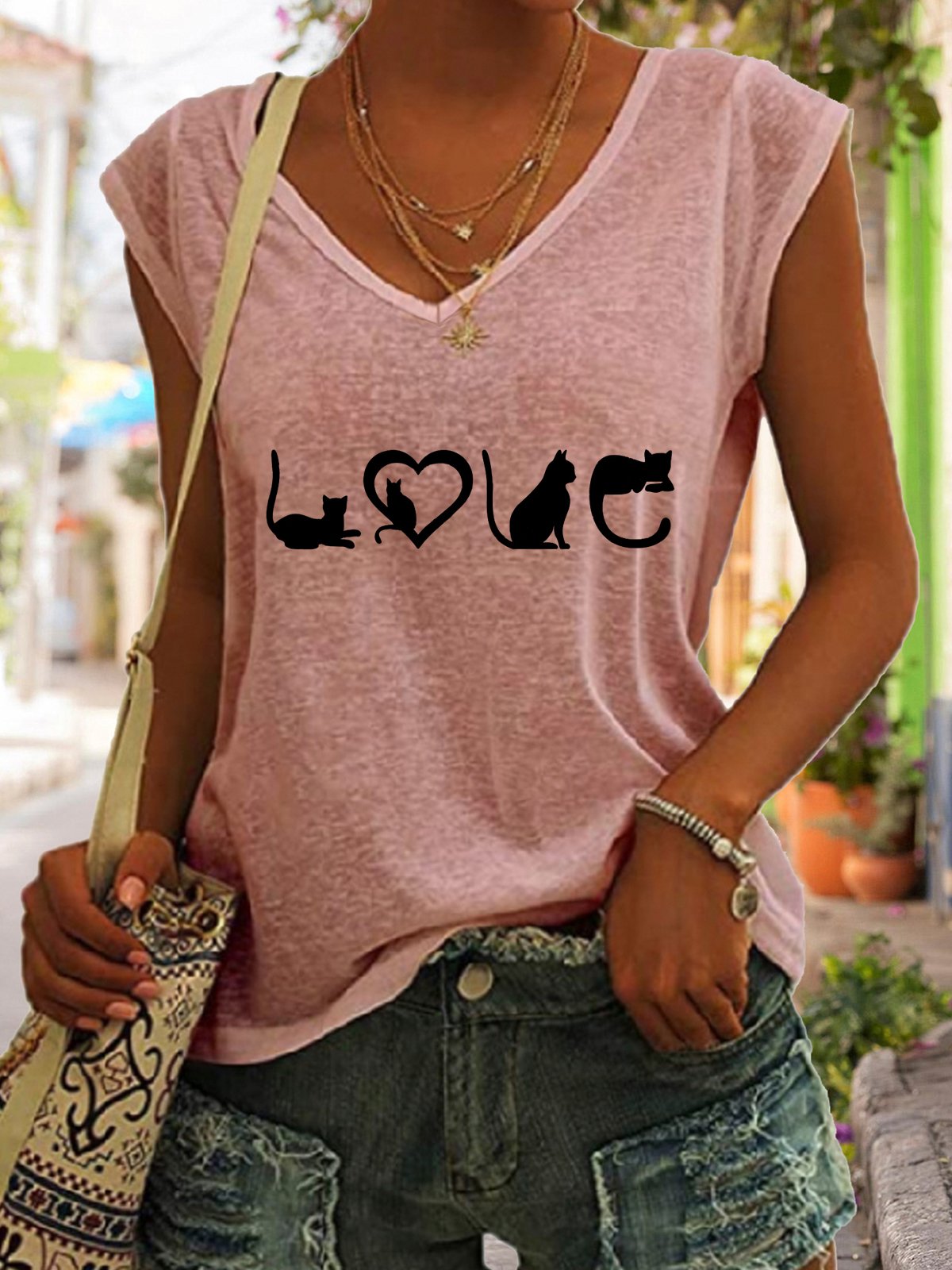 Casual Funny LOVE Cat Print V-Neck Tank Top