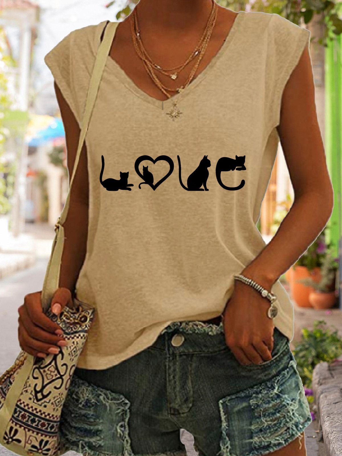 Casual Funny LOVE Cat Print V-Neck Tank Top