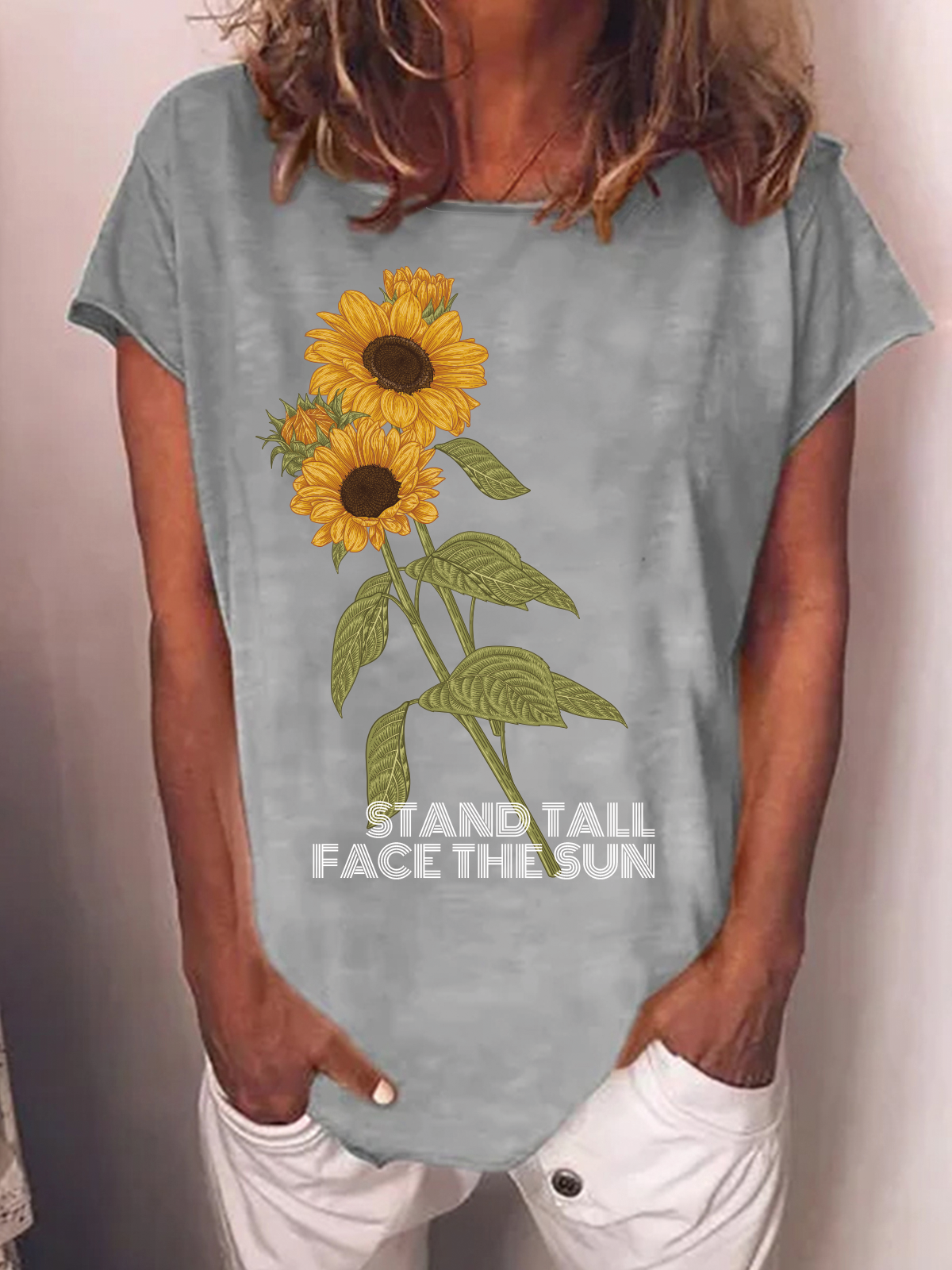 Stand Tall Face the Sun Sunflower Letter Casual Short Sleeve Tops