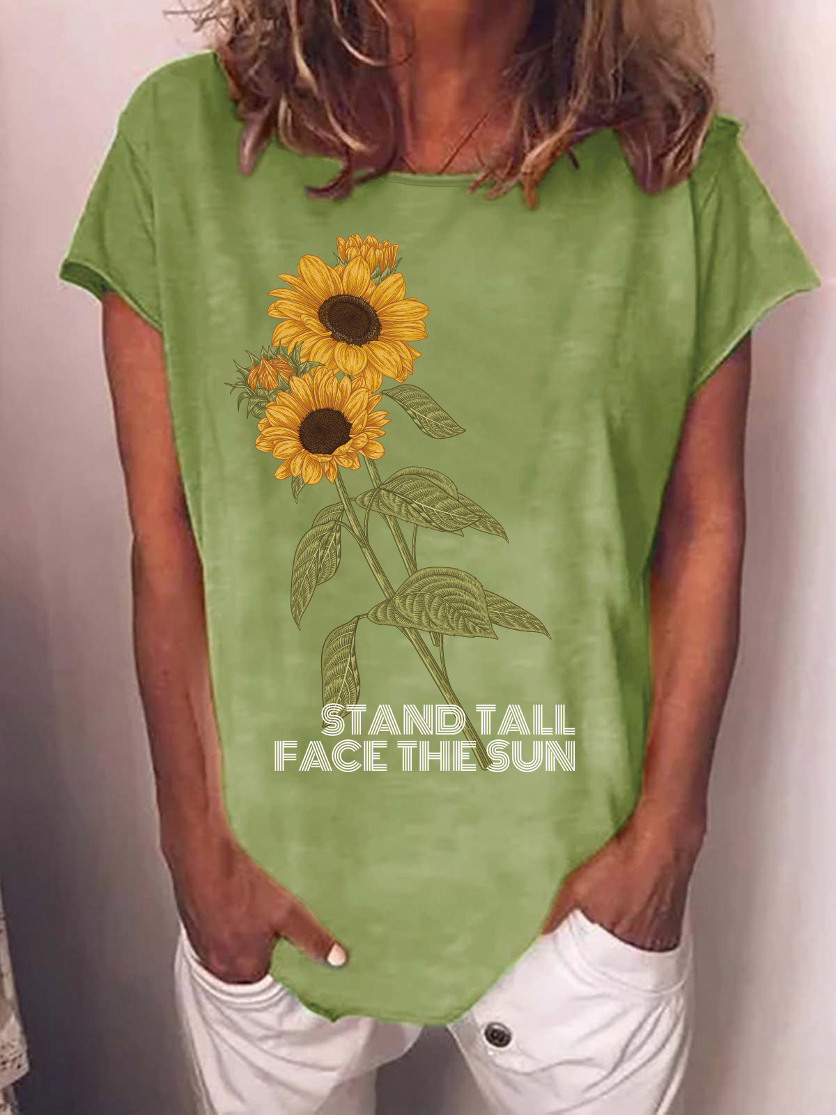 Stand Tall Face the Sun Sunflower Letter Casual Short Sleeve Tops