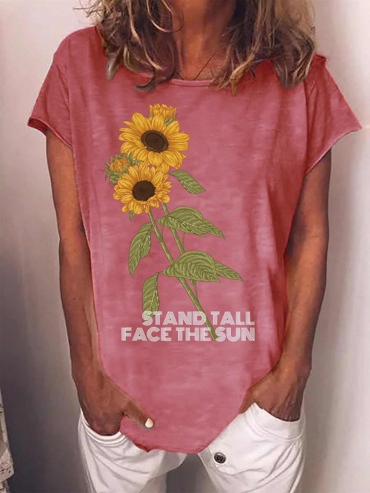 Stand Tall Face the Sun Sunflower Letter Casual Short Sleeve Tops