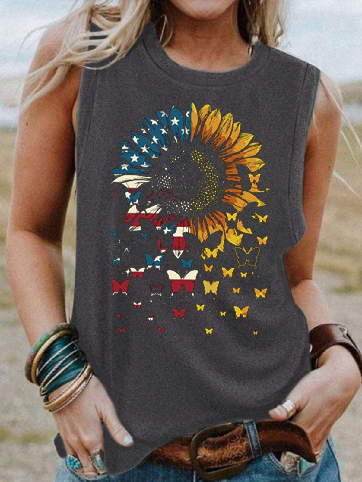 American Flag Sunflower Women's Crew Neck Knit
