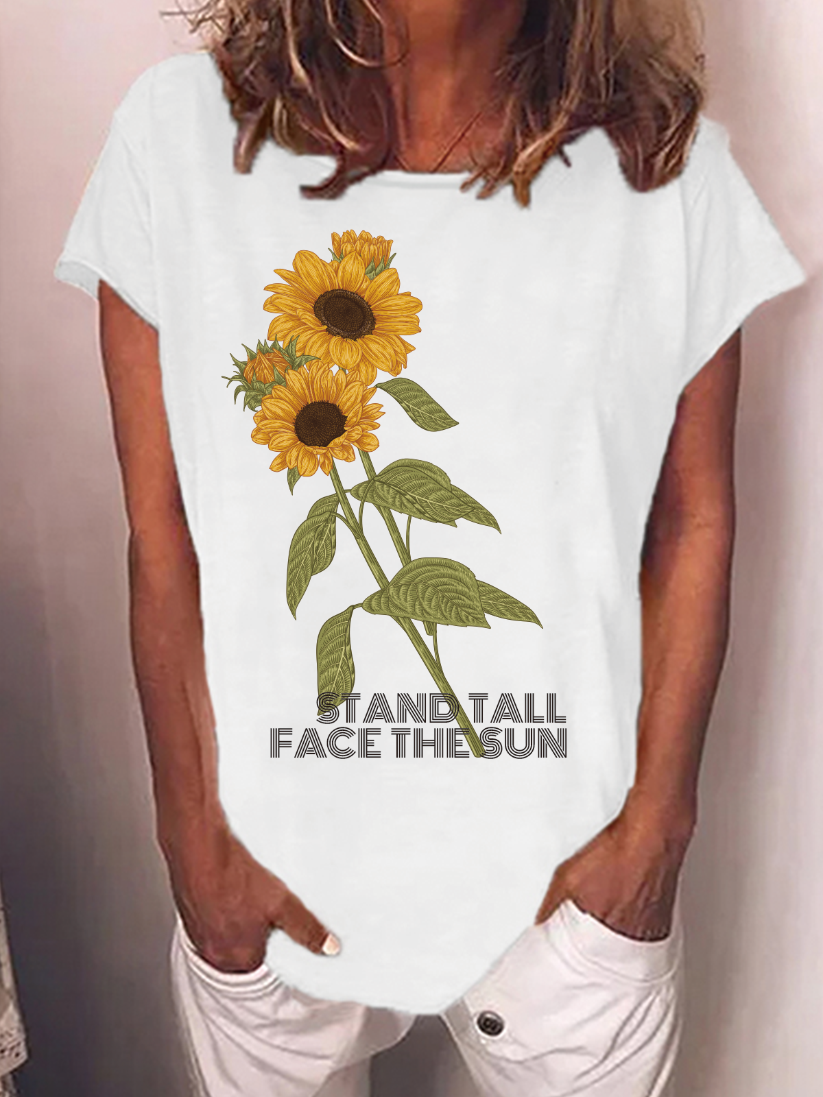 Stand Tall Face the Sun Sunflower Letter Casual Short Sleeve Tops