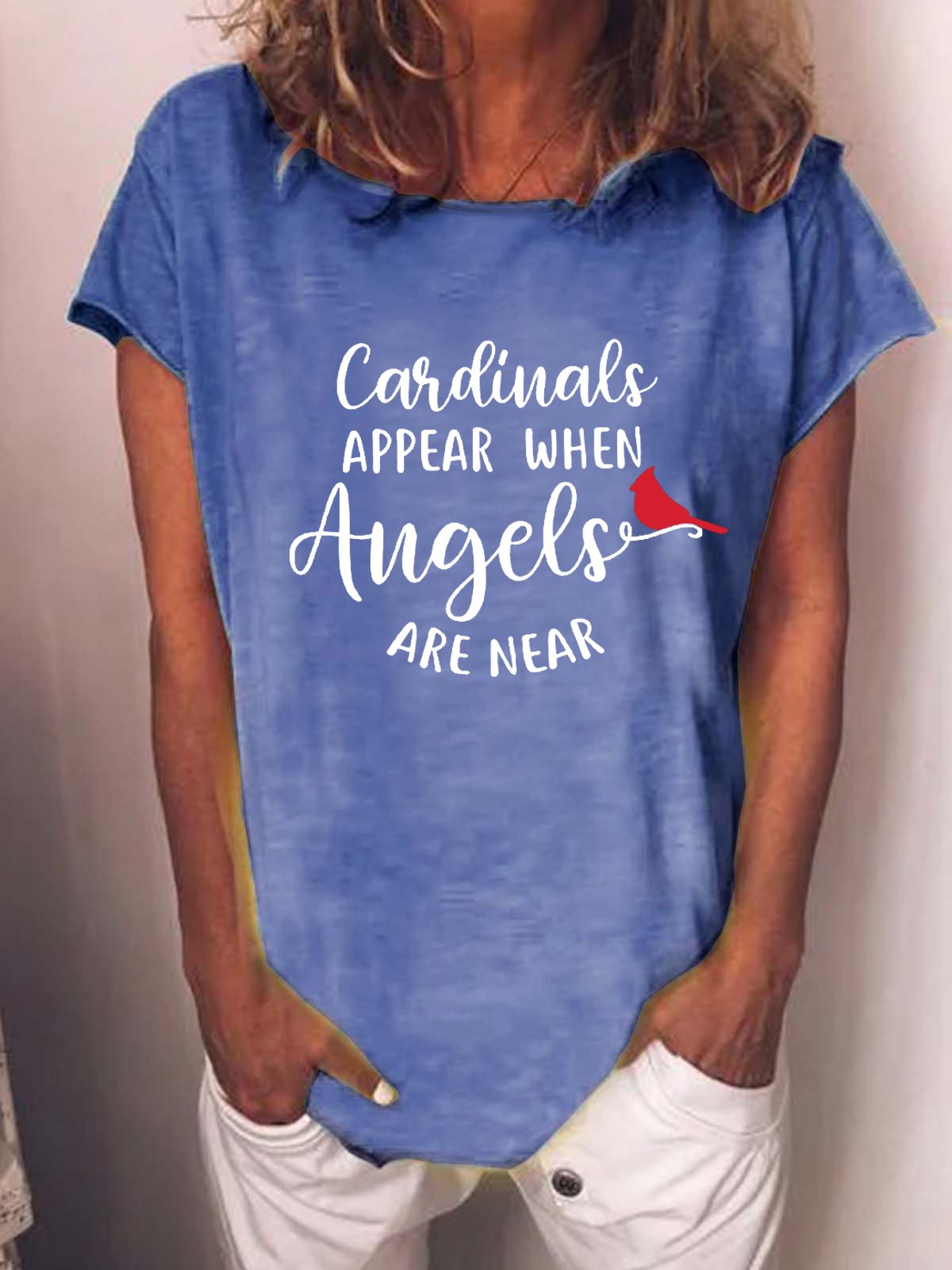 Women Red Bird Graphic Cardinals Appear when Angels are Near Sweet Short Sleeve T-Shirt