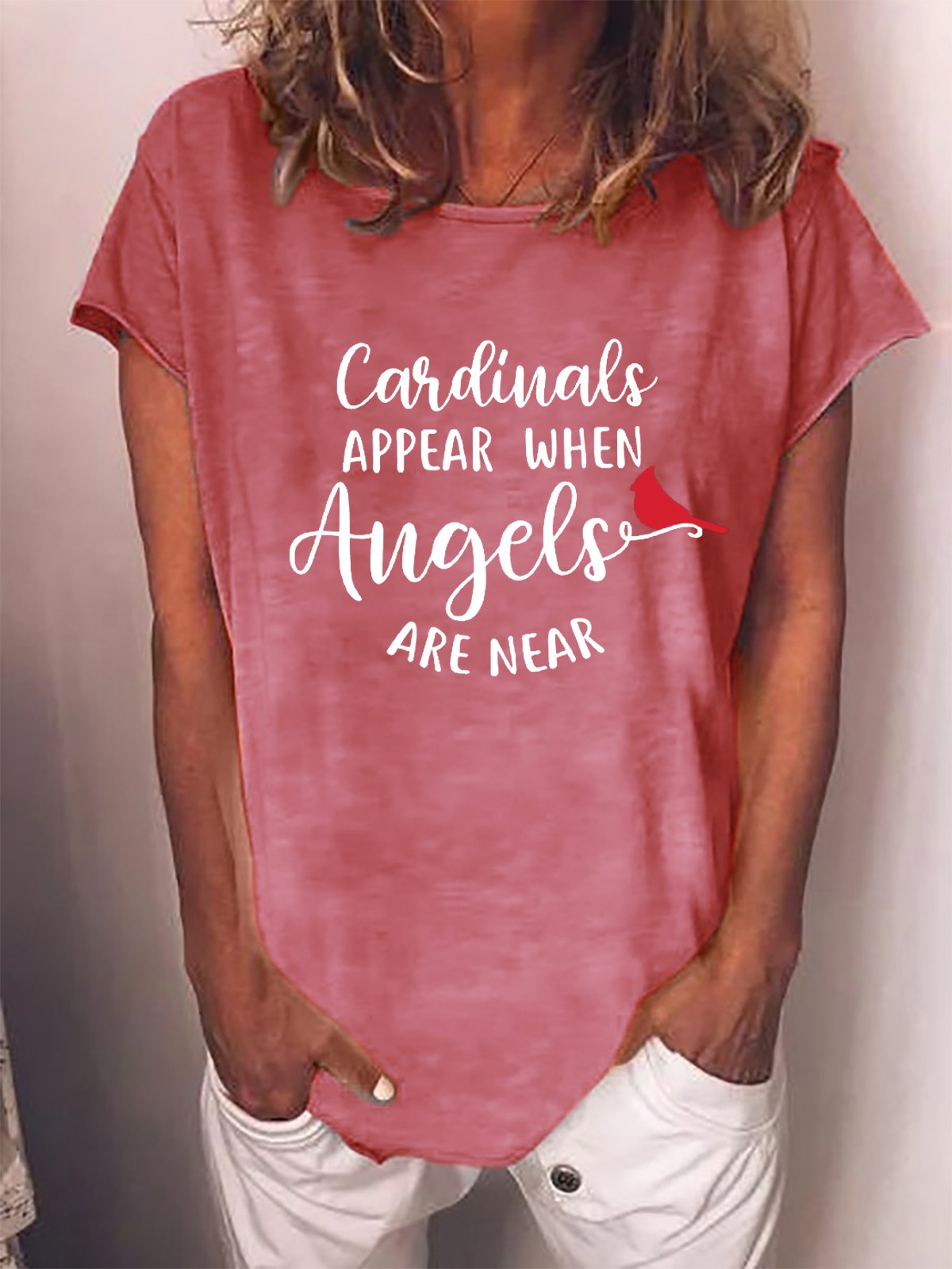 Women Red Bird Graphic Cardinals Appear when Angels are Near Sweet Short Sleeve T-Shirt