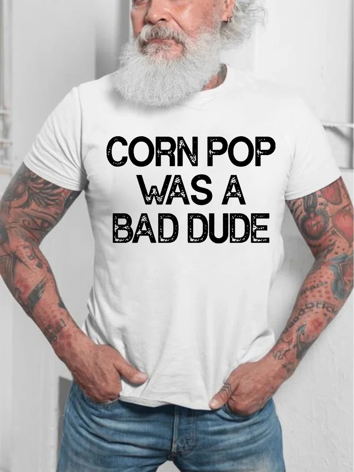 Mens Funny Corn Pop Was A Bad Dude Casual Cotton Short Sleeve T-Shirt