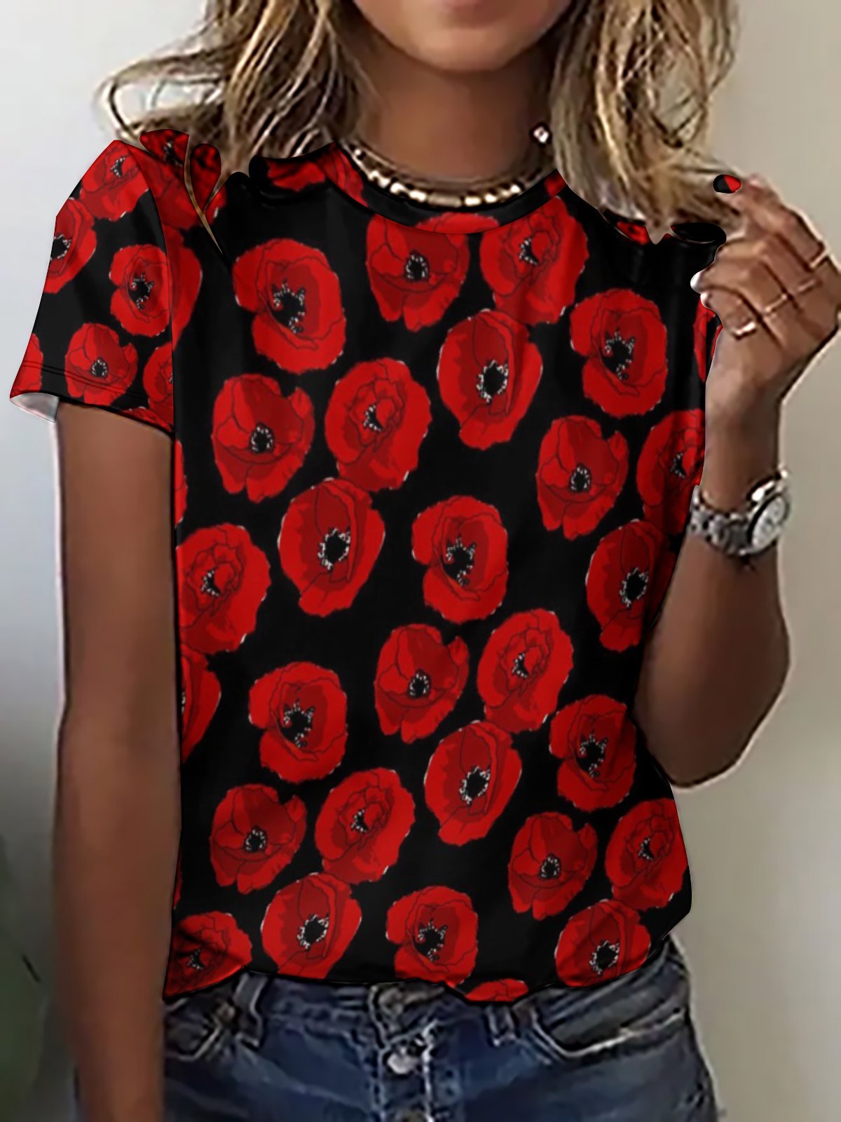 Red Poppies On Black Large Women's Short Sleeve T-Shirt