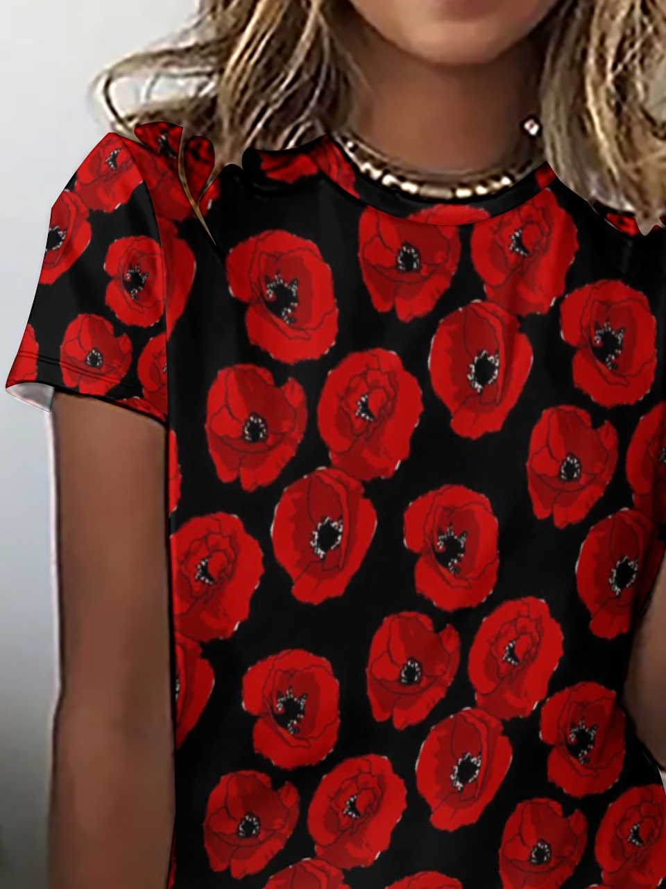 Red Poppies On Black Large Women's Short Sleeve T-Shirt