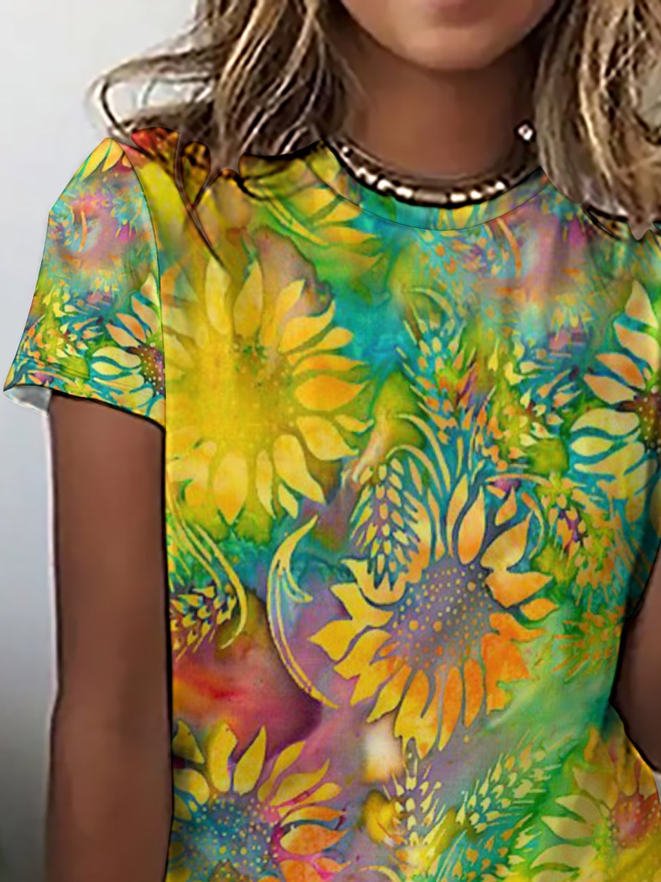 Casual Abstract Sunflower Print Crew Neck Short Sleeve T-Shirt