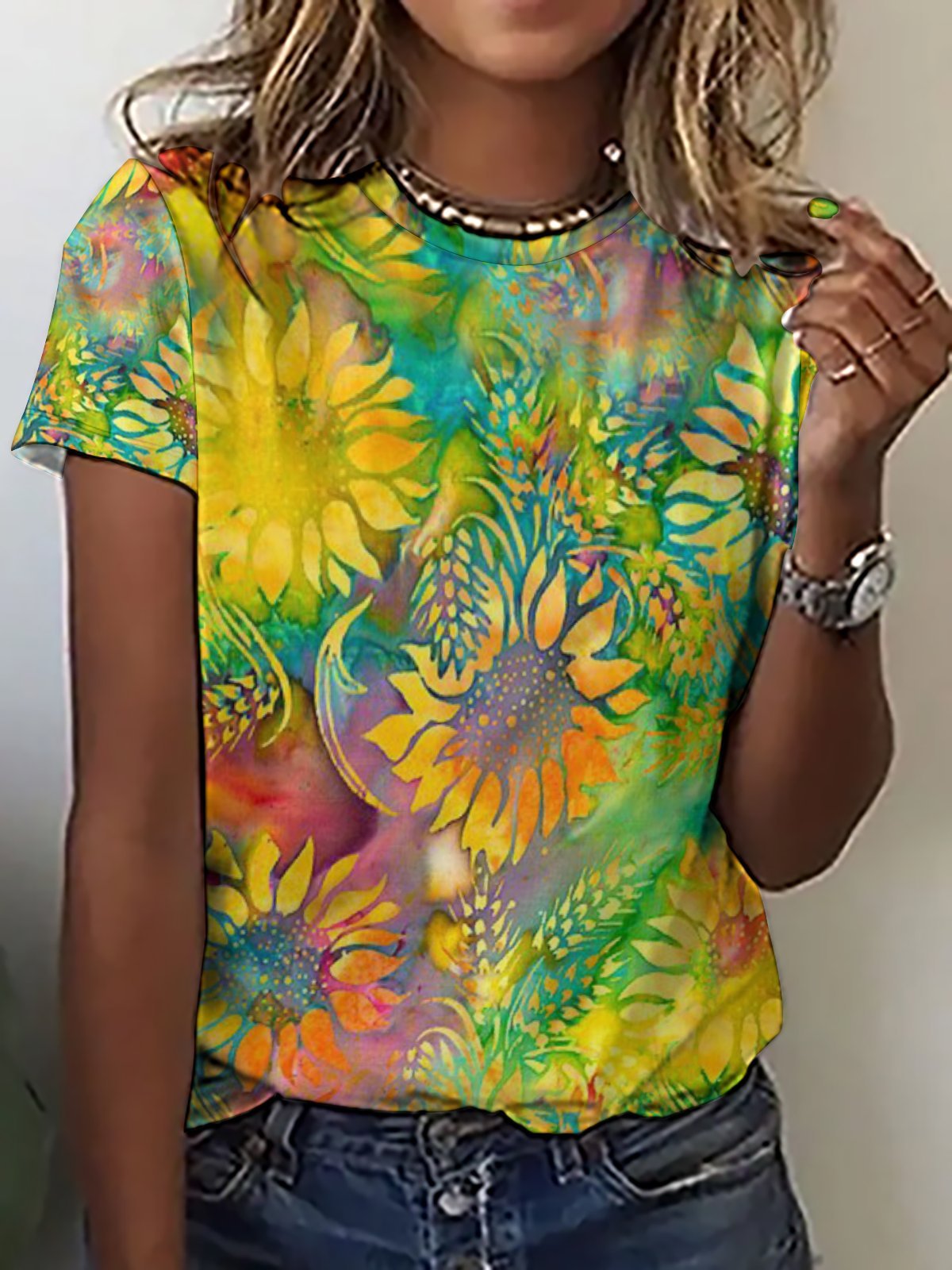 Casual Abstract Sunflower Print Crew Neck Short Sleeve T-Shirt