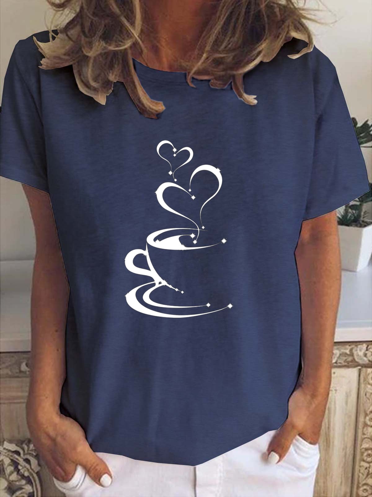 Casual Simple Coffee Heart Print Crew Neck T-Shirt