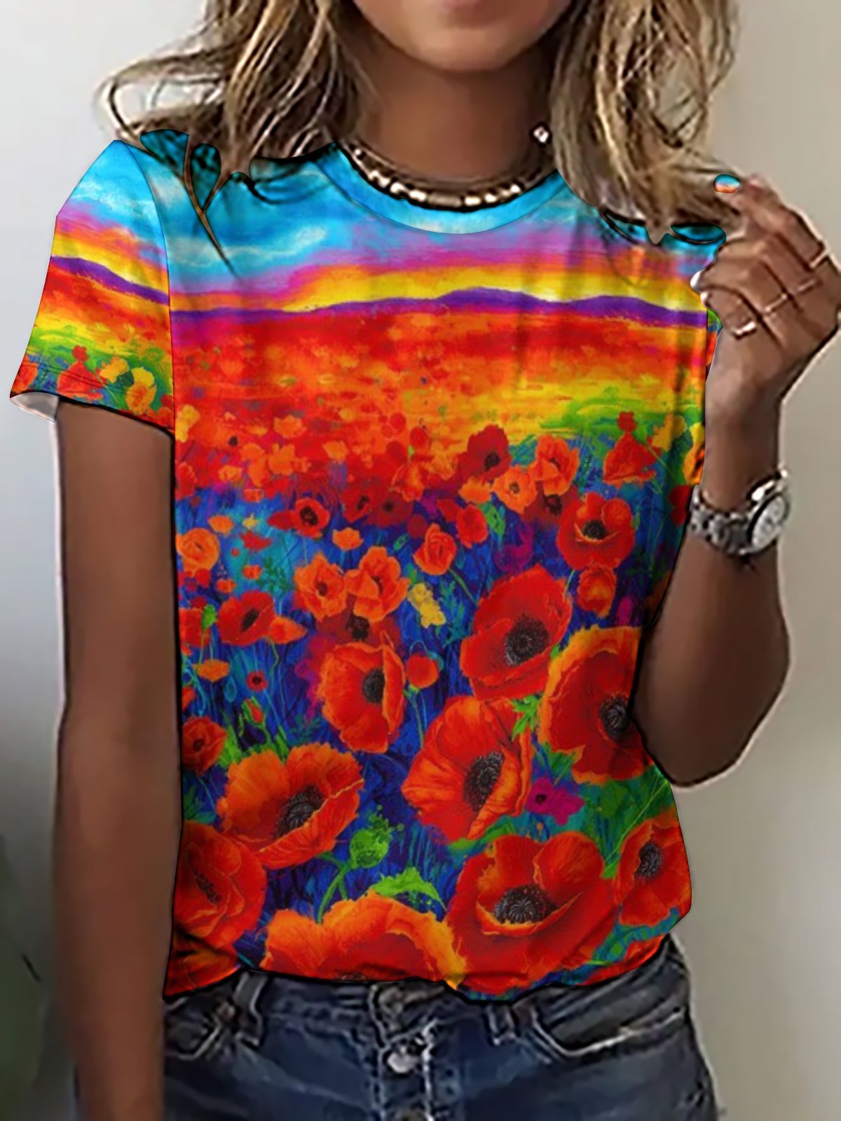 Womens Flower Art Print Casual Short Sleeve T-Shirt