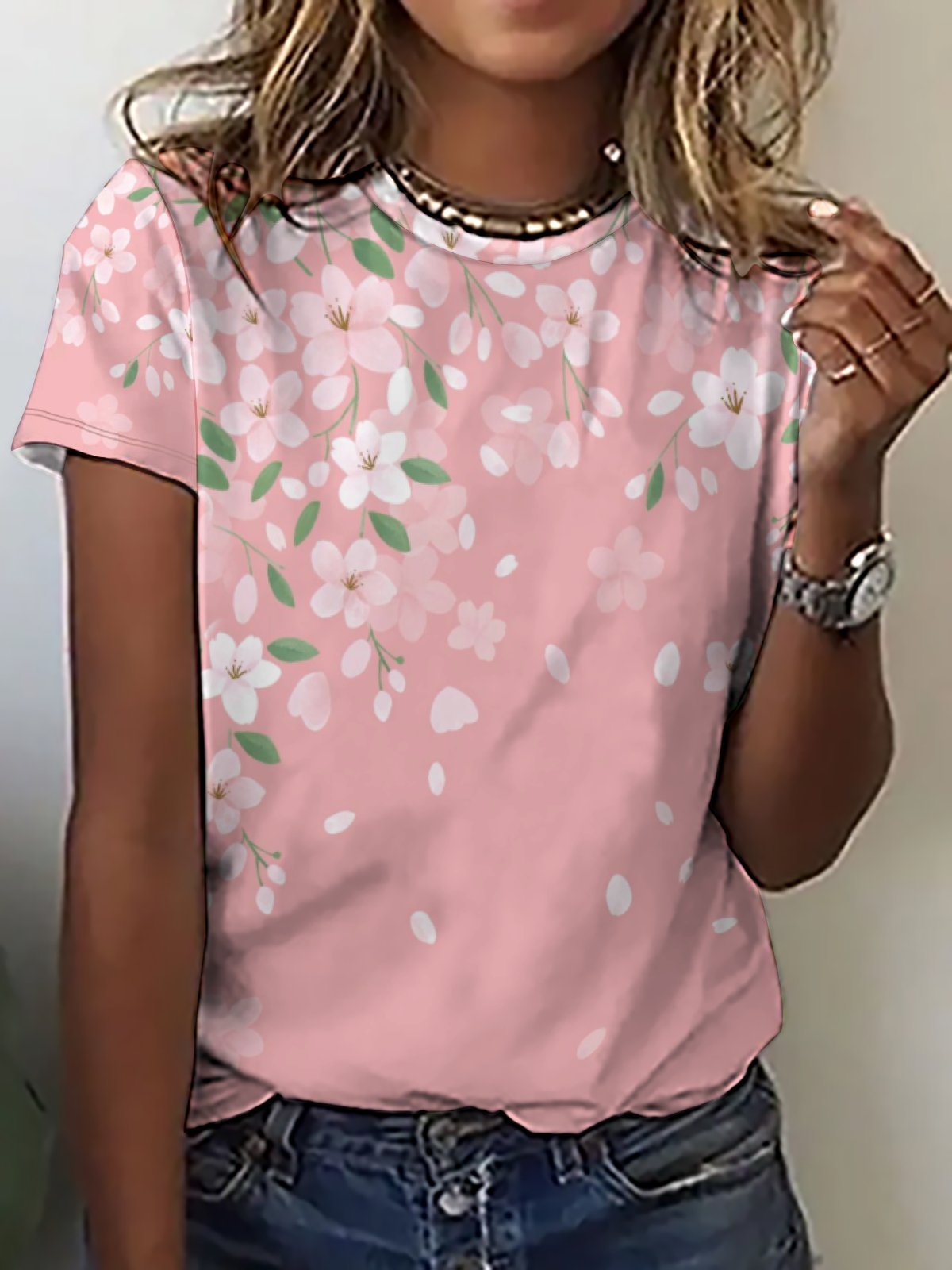 Casual Simple Sakura Gradient Print Crew Neck T-Shirt