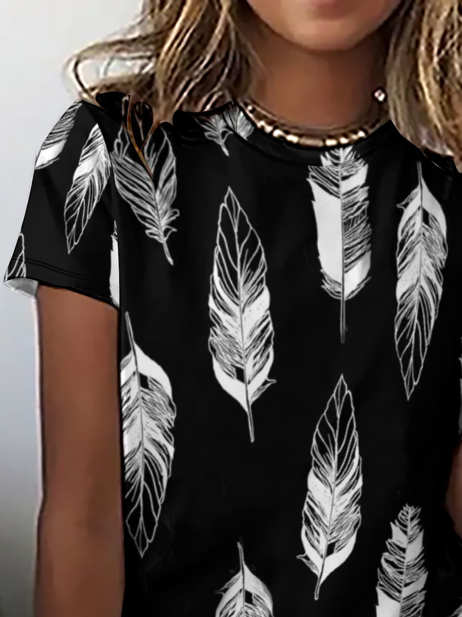 Casual Simple Feather Print Crew Neck Short Sleeve T-Shirt