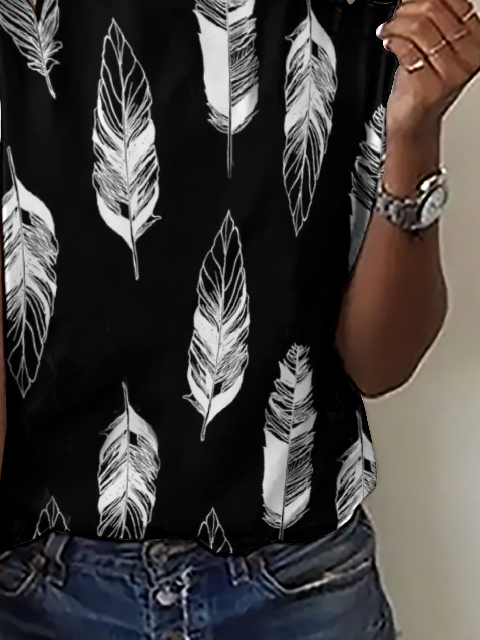 Casual Simple Feather Print Crew Neck Short Sleeve T-Shirt