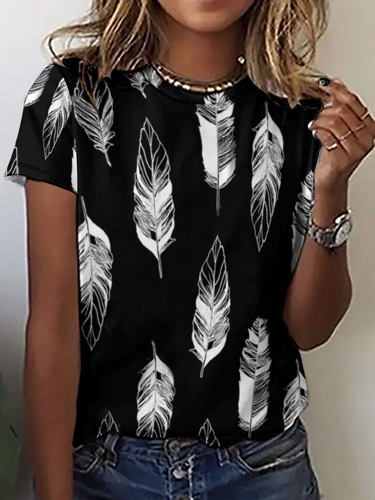 Casual Simple Feather Print Crew Neck Short Sleeve T-Shirt