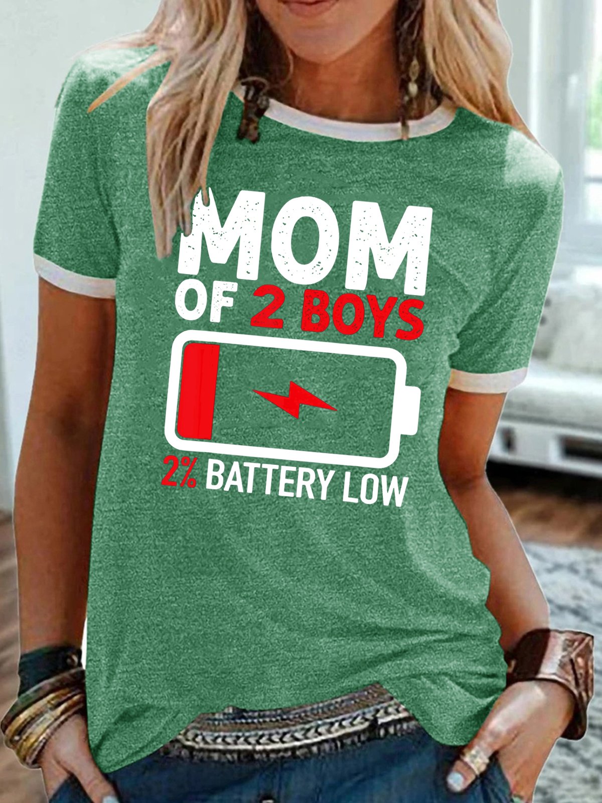 Mom of 2 Boys Shirt Casual Crew Neck Short Sleeve T-Shirt