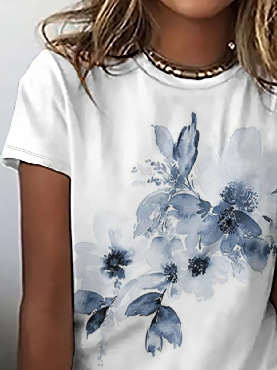 Casual Simple Floral Print Short Sleeve Crew Neck T-Shirt