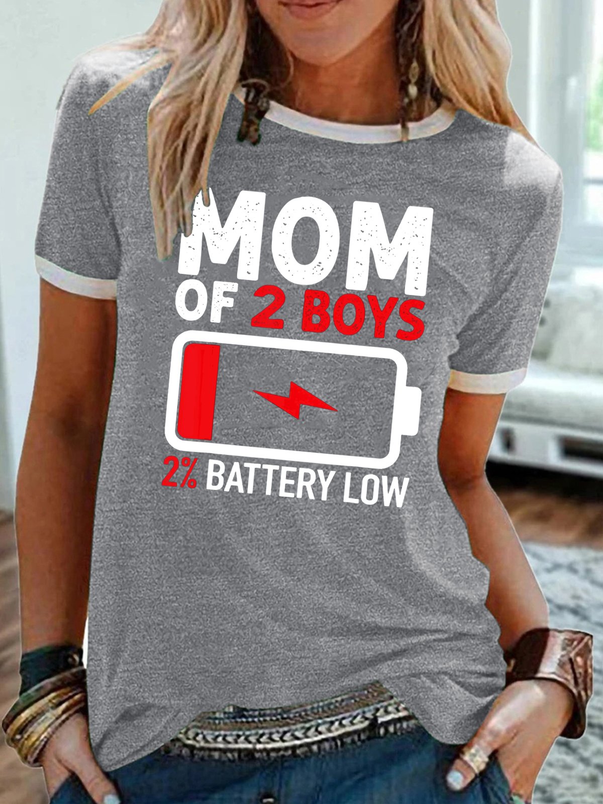 Mom of 2 Boys Shirt Casual Crew Neck Short Sleeve T-Shirt