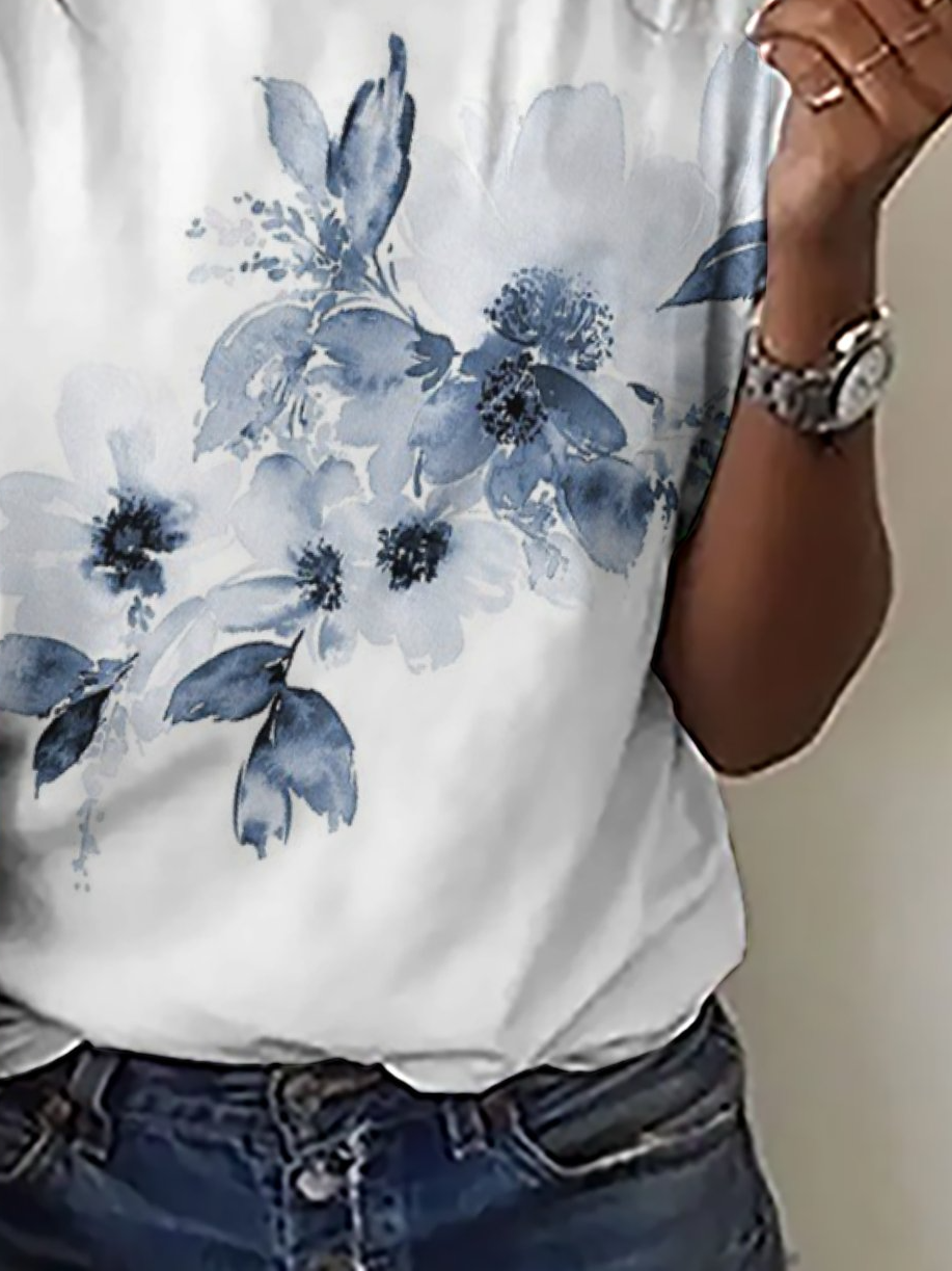 Casual Simple Floral Print Short Sleeve Crew Neck T-Shirt