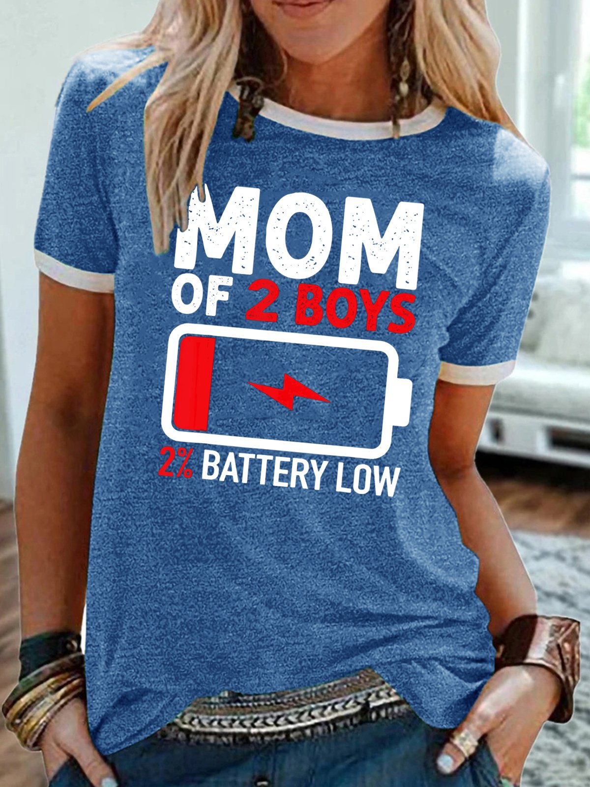 Mom of 2 Boys Shirt Casual Crew Neck Short Sleeve T-Shirt