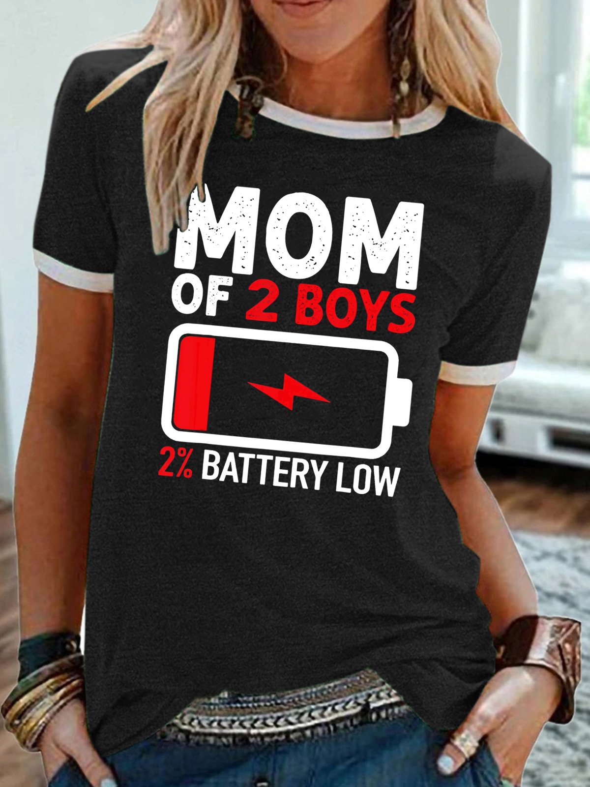 Mom of 2 Boys Shirt Casual Crew Neck Short Sleeve T-Shirt