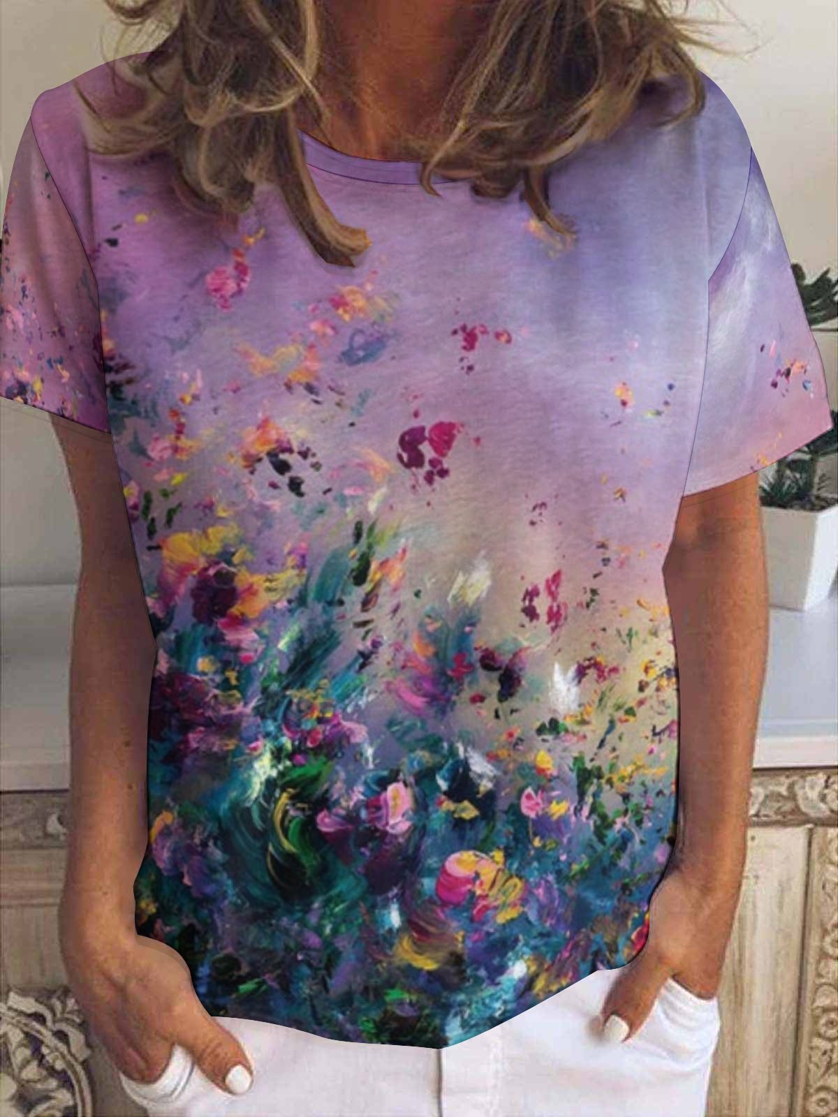 Womens Fancy Flower Art Print Short Sleeve T-Shirt