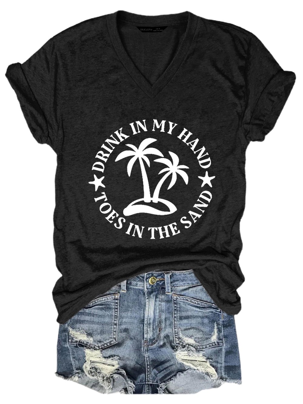 Drink In My Hand Toes In The Sand Letter Casual Cotton Blends Short Sleeve T-Shirt