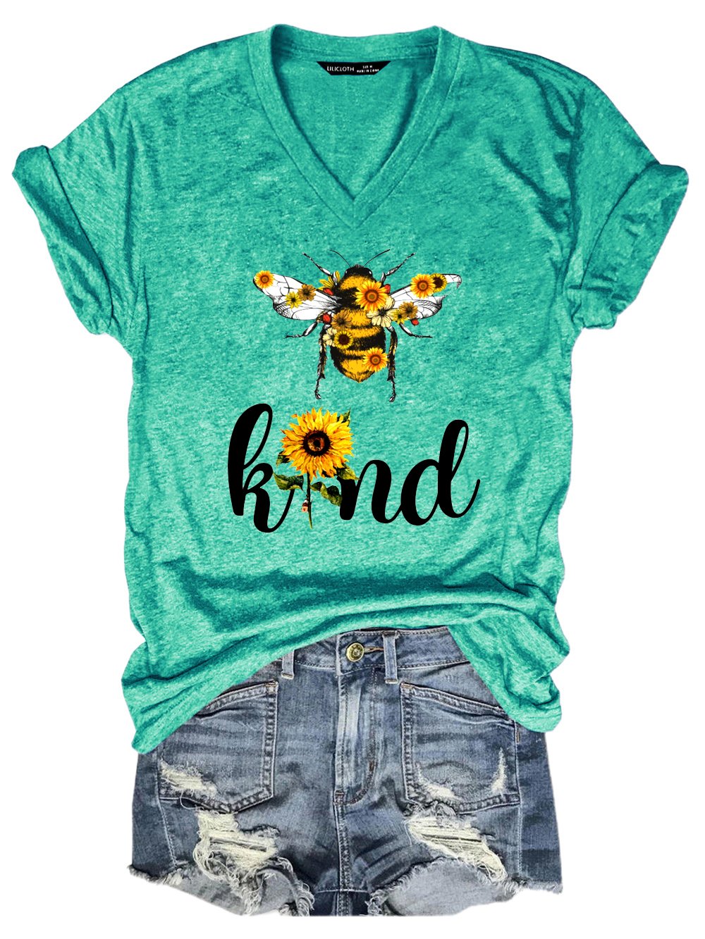 Funny Bee Kind Sunflower Print V-neck T-shirt