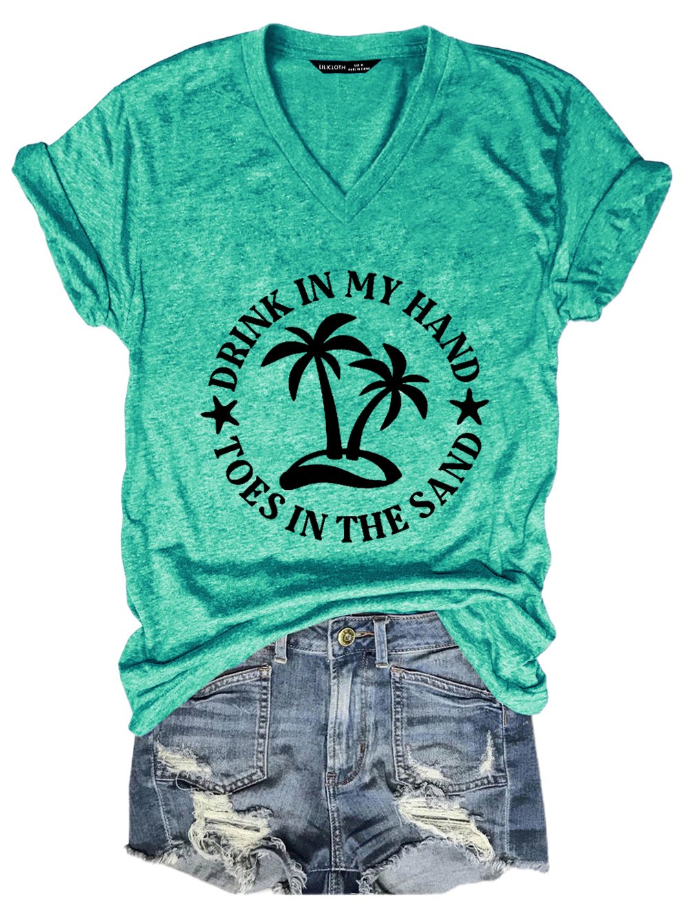 Drink In My Hand Toes In The Sand Letter Casual Cotton Blends Short Sleeve T-Shirt