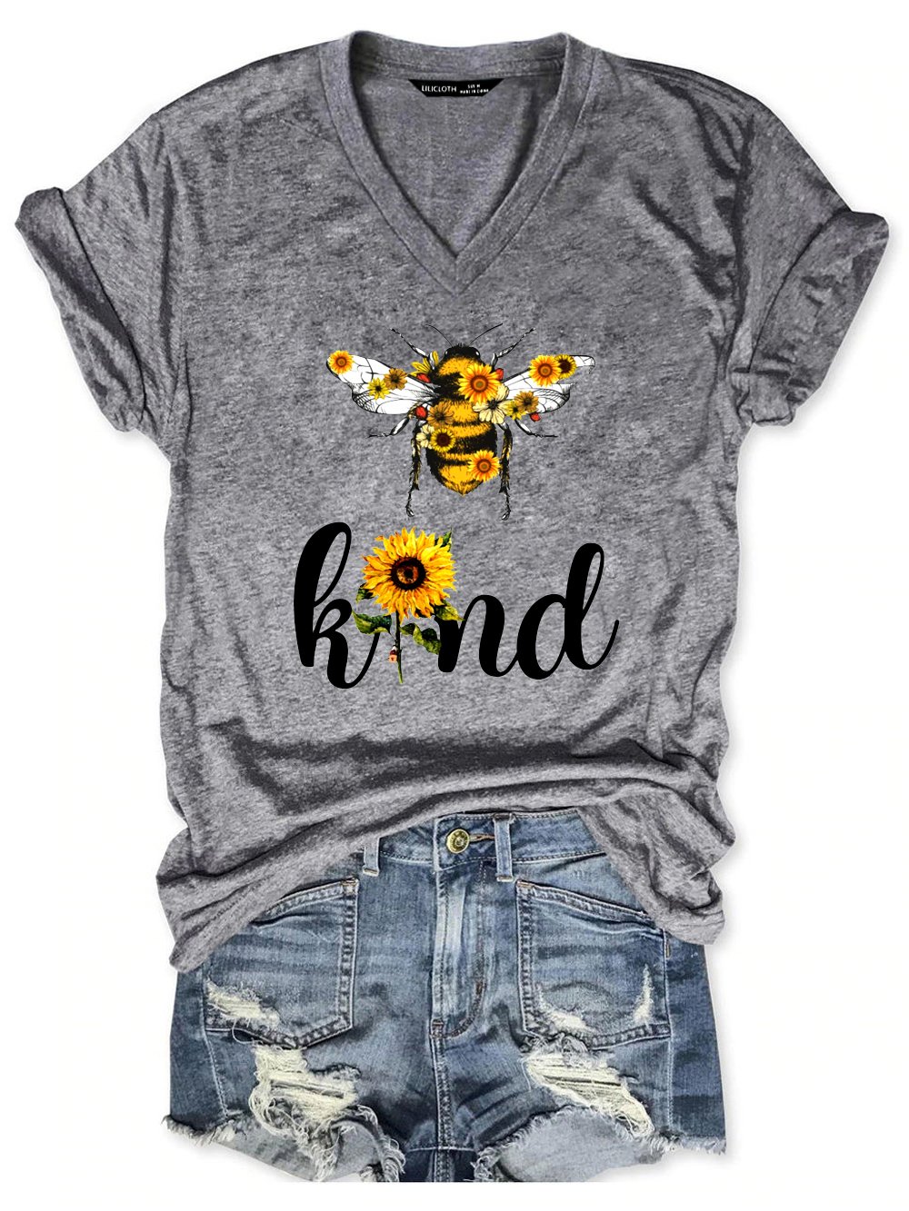 Funny Bee Kind Sunflower Print V-neck T-shirt