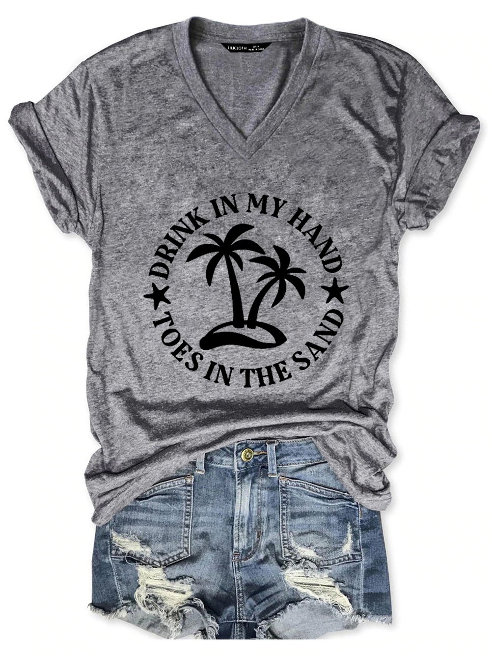 Drink In My Hand Toes In The Sand Letter Casual Cotton Blends Short Sleeve T-Shirt