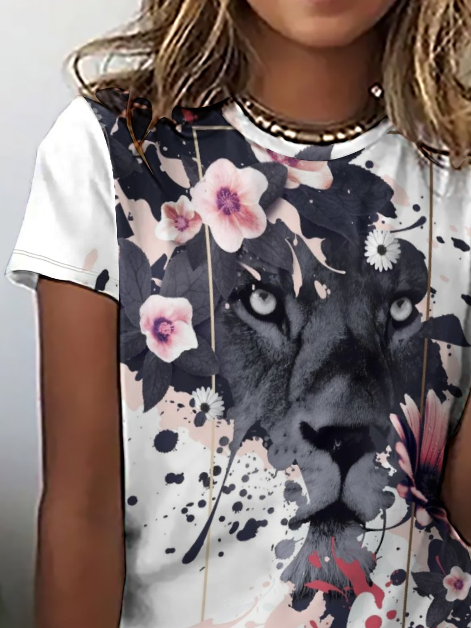 Casual Abstract Lion Floral Print Crew Neck Short Sleeve T-Shirt