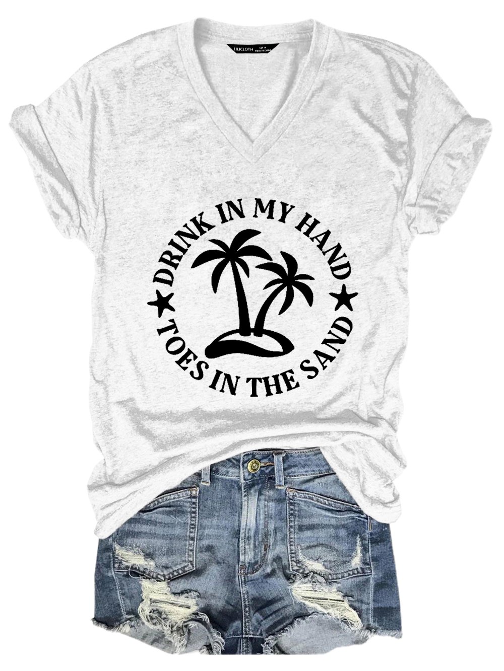 Drink In My Hand Toes In The Sand Letter Casual Cotton Blends Short Sleeve T-Shirt