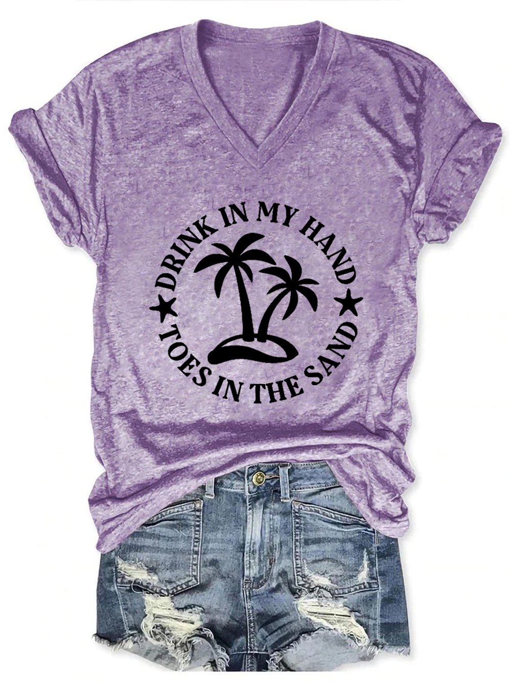 Drink In My Hand Toes In The Sand Letter Casual Cotton Blends Short Sleeve T-Shirt