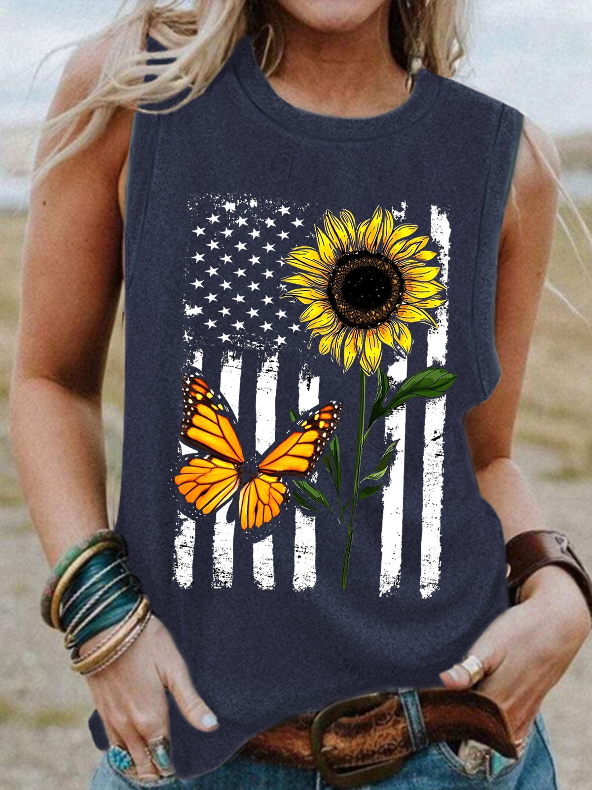 American Flag Sunflower Crew Neck Top