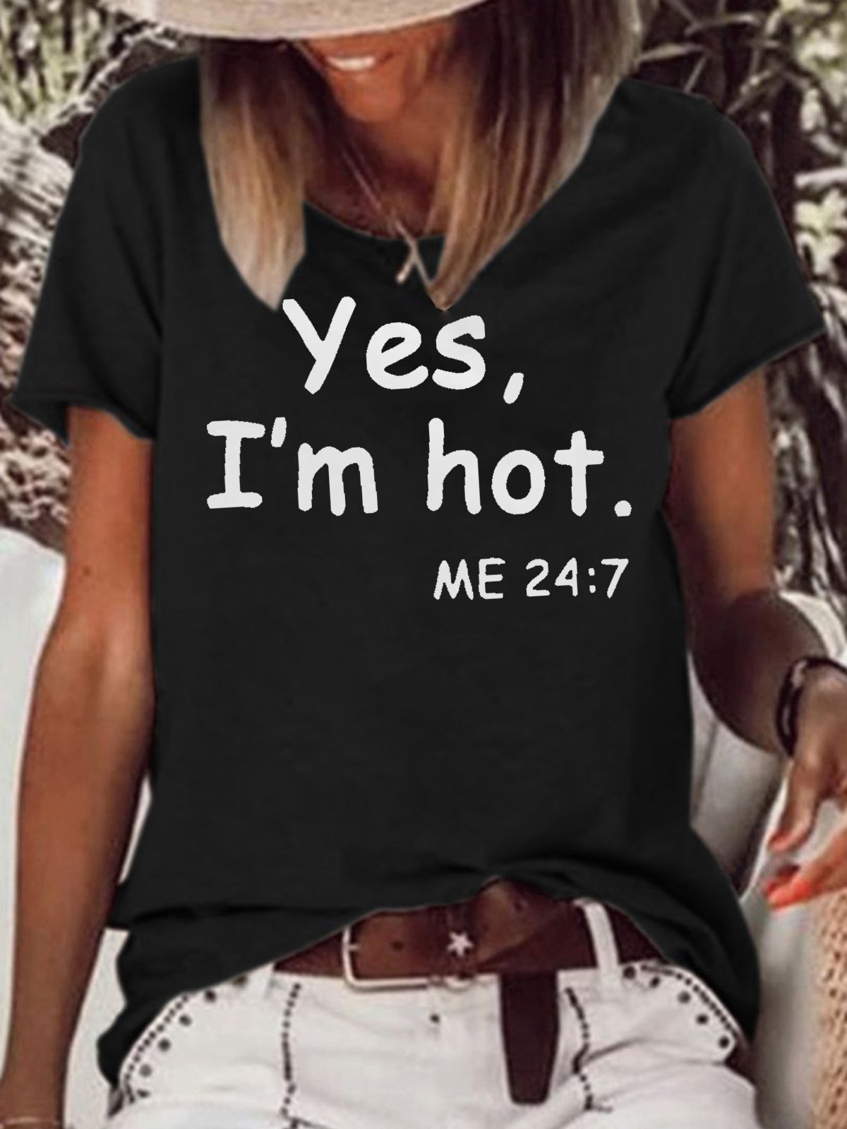 Womens Casual Letters Print Yes I Am Hot Short Sleeve T-Shirt