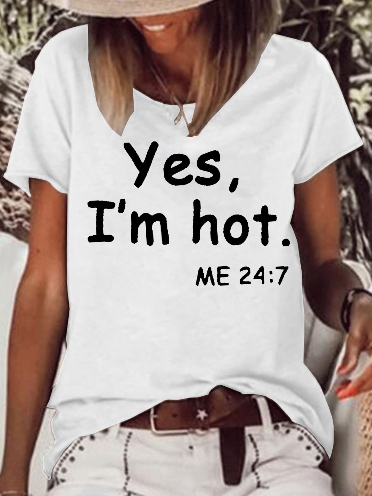 Womens Casual Letters Print Yes I Am Hot Short Sleeve T-Shirt