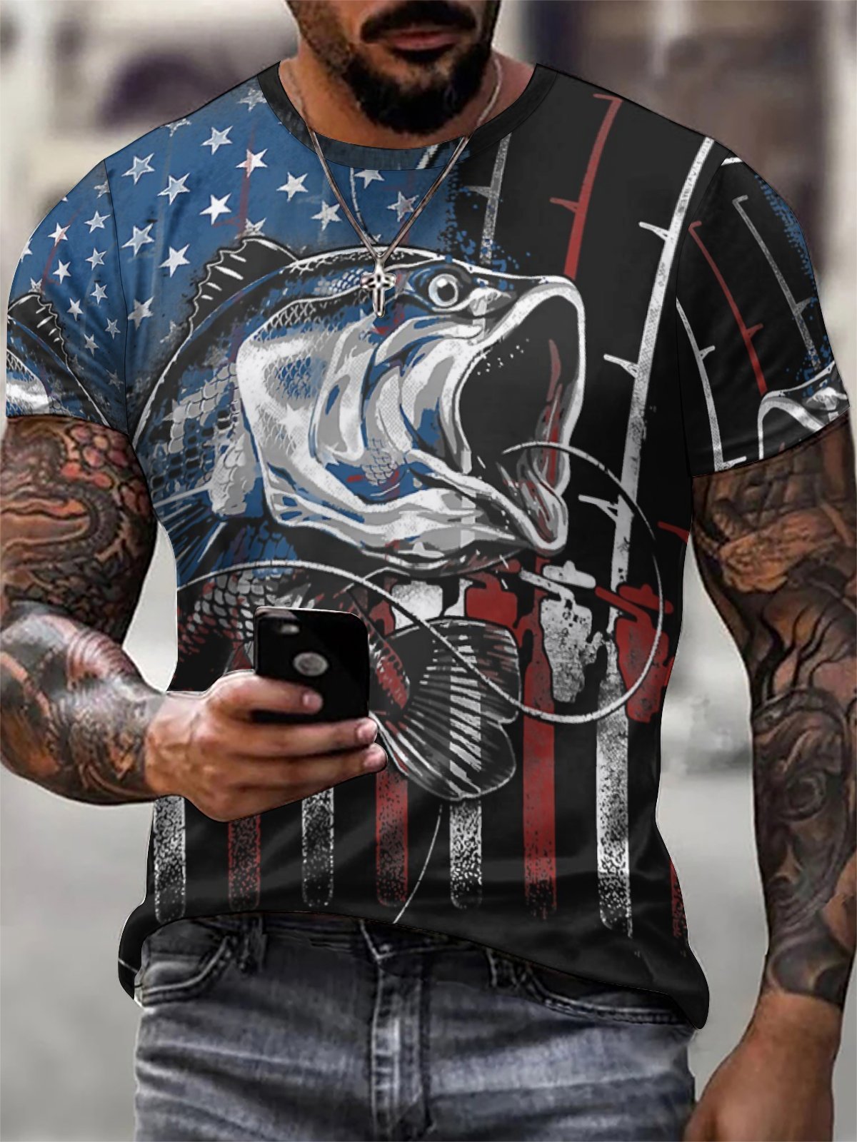 American Flag Fish Street Crew Neck Short Sleeve T-Shirt