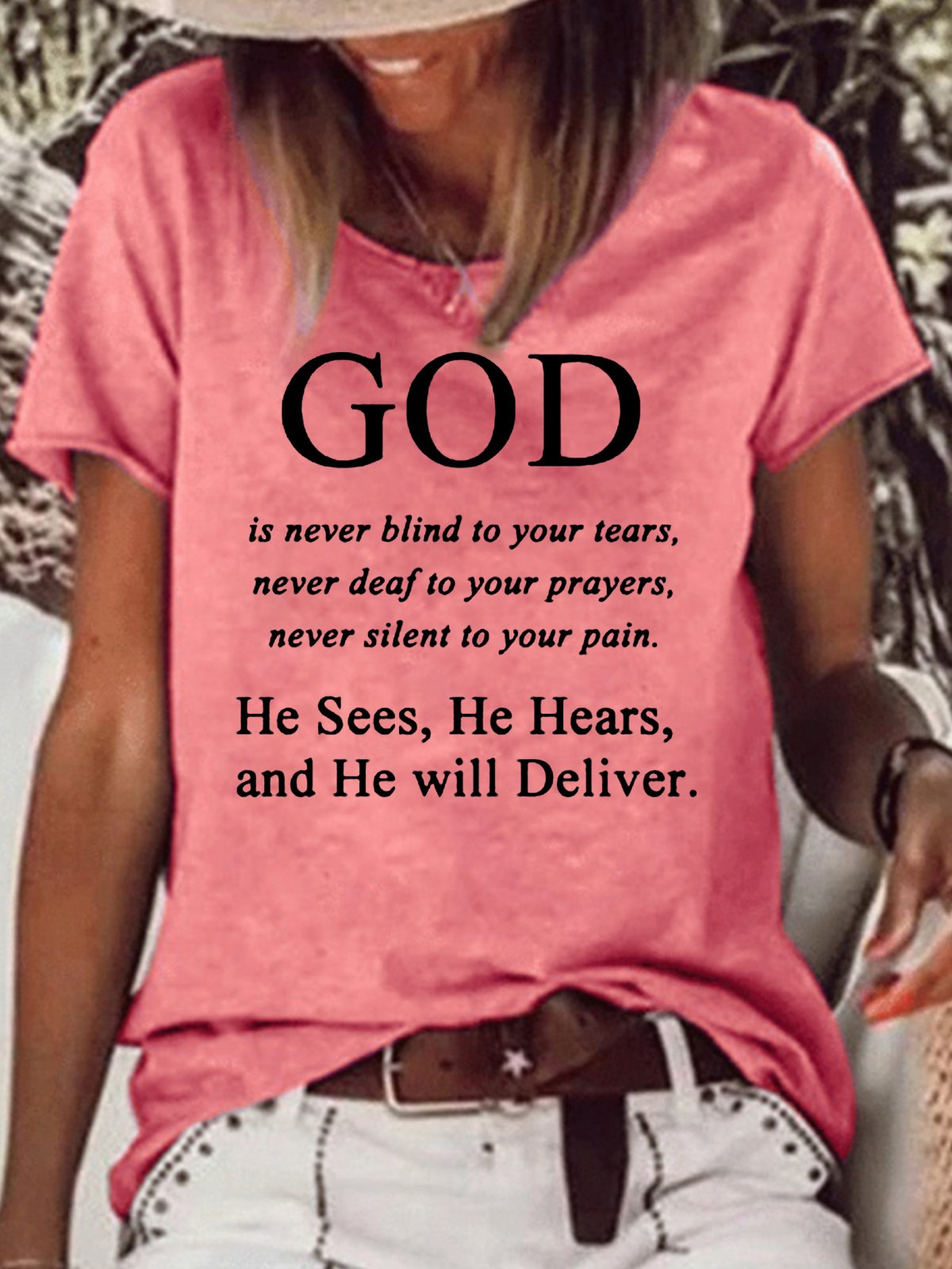 Womens Jesus Faith God Religious Letter Print God is never blind to your tears Letter Short Sleeve T-Shirt