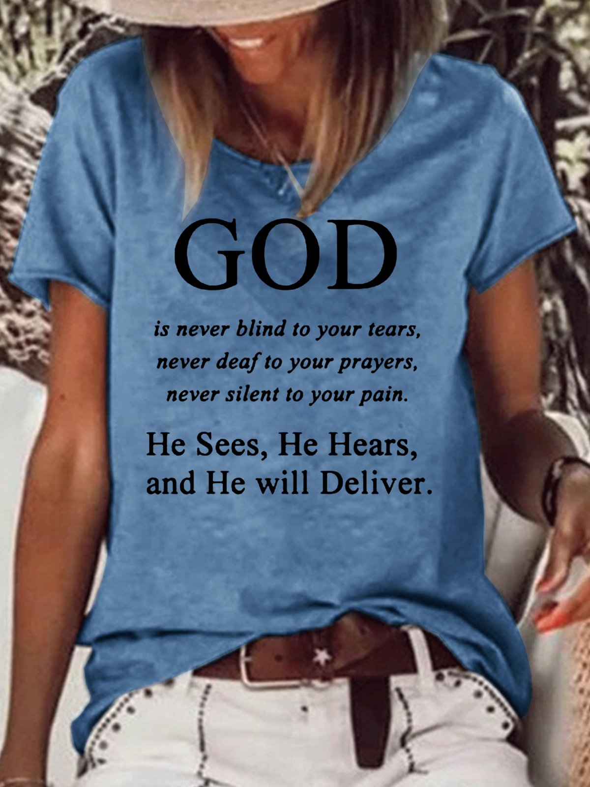 Womens Jesus Faith God Religious Letter Print God is never blind to your tears Letter Short Sleeve T-Shirt