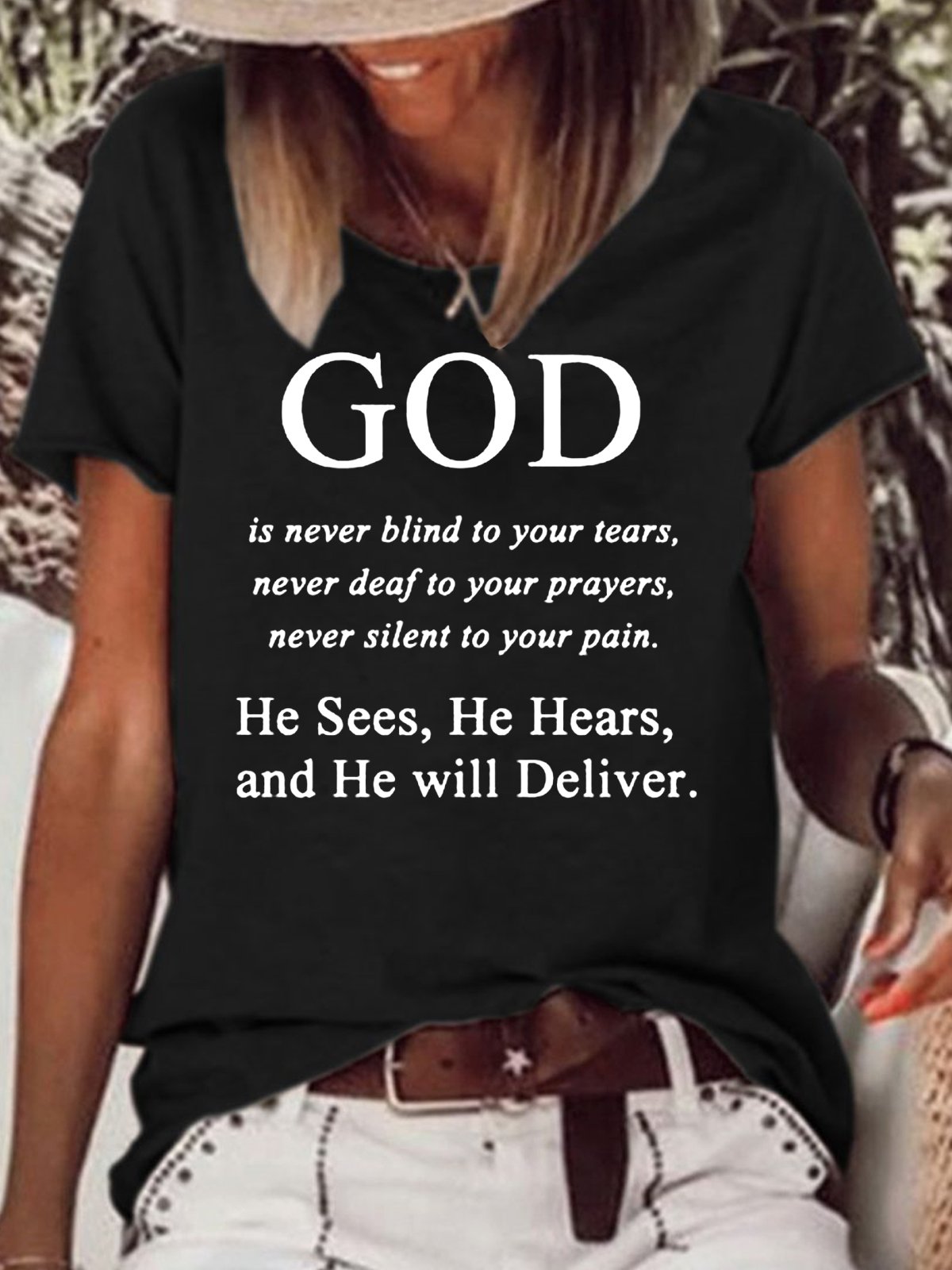 Womens Jesus Faith God Religious Letter Print God is never blind to your tears Letter Short Sleeve T-Shirt