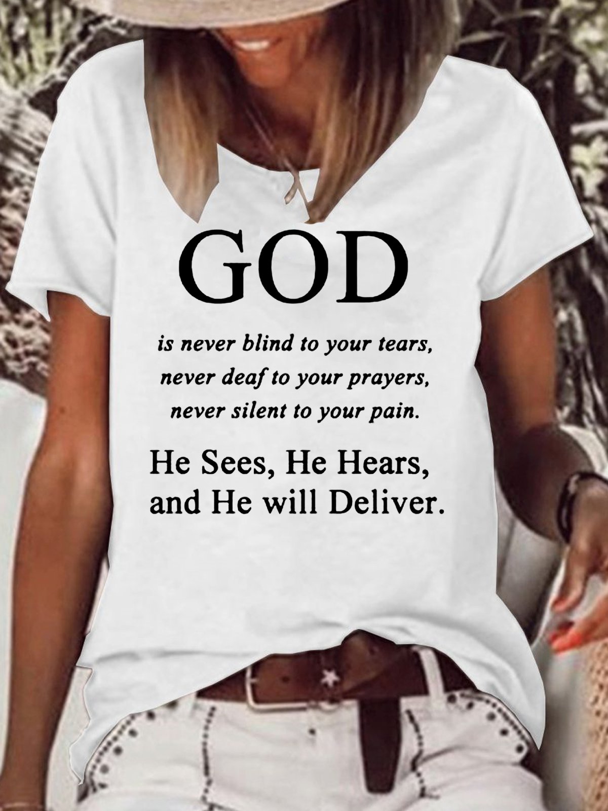 Womens Jesus Faith God Religious Letter Print God is never blind to your tears Letter Short Sleeve T-Shirt