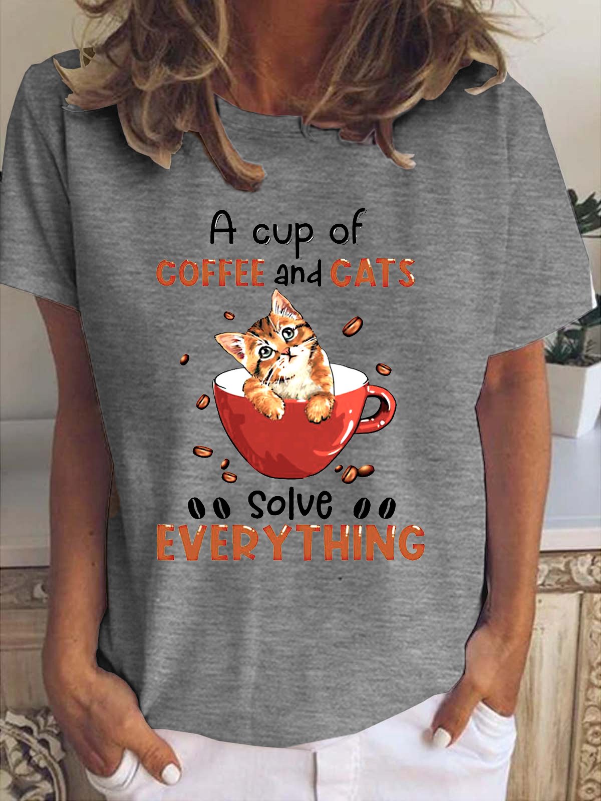 A Cup Of Coffee And Cats Solve Everything Crew Neck T-shirt